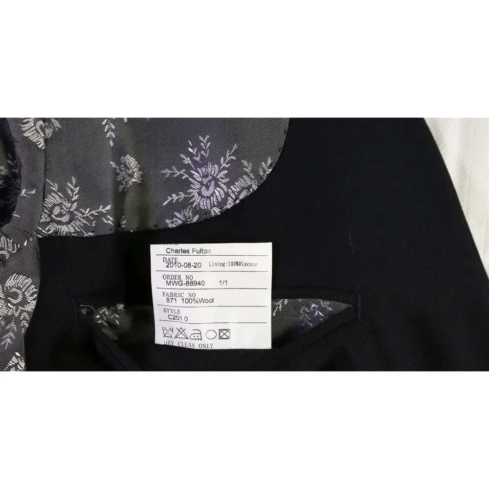 Custom Tailored Bespoke Solid Black 2-Btn Wool Suit 46R